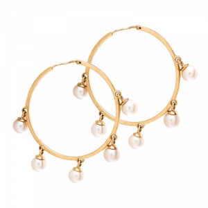 Dior Cultured Pearl 18k Rose Gold Hoop Earrings