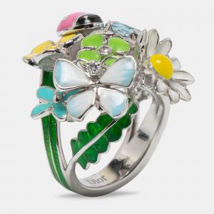 Dior Diorette Aquamarine Diamond Enamel 18k White Gold Cocktail Ring Size 54