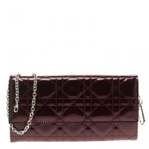 Dior Brugundy Cannage Quilted Patent Leather Lady Dior Clutch