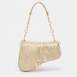 Pre Owned Dior Gold Oblique Jacquard and Leather Frame Saddle Bag