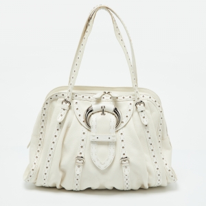 Dior White Lizard and Leather Buckle Detail Zip Satchel 