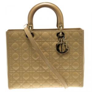 Pre Owned Dior Beige Patent Leather Large Lady Dior Tote