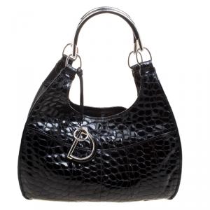 Pre Owned Dior Black Croc Embossed Patent Leather 61 Tote