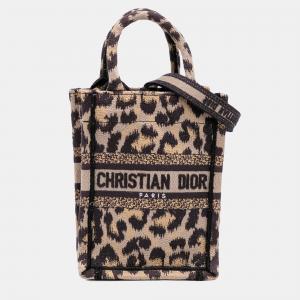 Dior Brown Mizza Mini Embroidered Canvas Leopard Vertical Book Tote