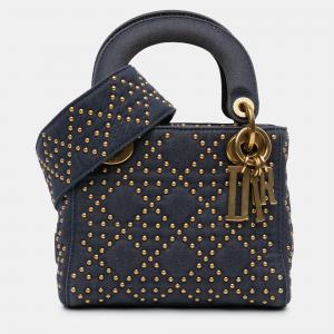 Pre Owned Dior Blue Mini Denim Cannage Studded Supple Lady Dior