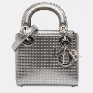 Pre Owned Dior Silver Mini Metallic Patent Microcannage Lady Dior