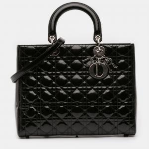 Pre Owned Dior Black Large Patent Cannage Lady Dior