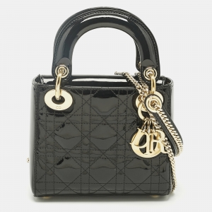 Pre Owned Dior Black Cannage Patent Leather Mini Lady Dior Tote