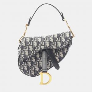 Pre Owned Christian Dior Dior Saddle Bag Mini Oblique Jacquard Handbag Canvas Leather Ivory Navy