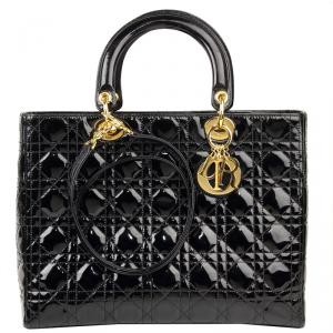 Pre Owned Dior Black Cannage Quilted Patent Leather Large Lady Dior Tote