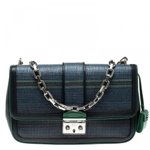 Pre Owned Dior Blue/Green Raffia and Leather Miss Dior Medium Flap Bag