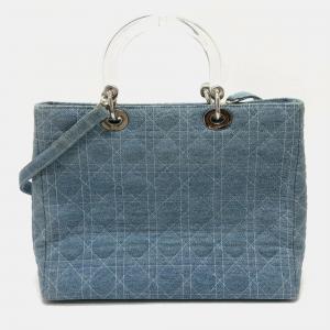 Pre Owned Christian Dior Cannage Large Blue Denim Acrylic Top Handle Shoulder Tote Bag