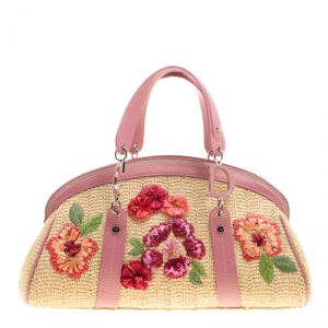 Pre Owned Dior Beige/Pink Straw and Leather Flower Detective Satchel