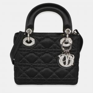 Pre Owned Christian Dior Mini Lady Dior Black Satin Swarovski Crystal Top Handle Bag