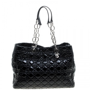 مملوكة مسبقًا Dior Black Cannage Quilted Soft Patent Leather Large Shopping Tote