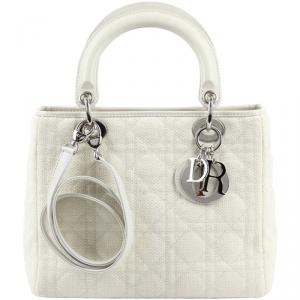 Pre Owned Dior White Cannage Quilted Fabric Medium Lady Dior Tote