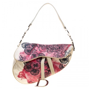 Pre Owned Dior Off White/Red Printed Fabric Limited Edition 071 Saddle Bag