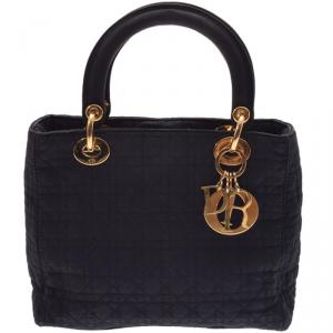 Pre Owned Dior Black Cannage Quilted Nylon Medium Lady Dior Tote
