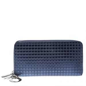 Dior Metallic Blue Patent Leather Lady Dior Zip Around Wallet