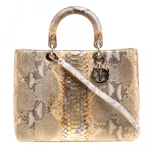 Pre Owned Dior Cream/Gold Python Large Lady Dior Tote
