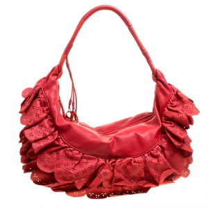 مملوكة مسبقًا Dior Red Leather Large Gypsy Ruffle Hobo Bag