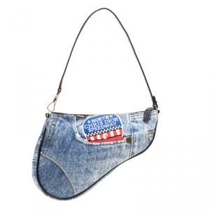 Pre Owned Dior Blue/Black Denim and Leather Saddle Bag