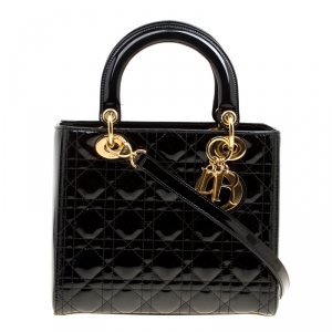 Pre Owned Dior Black Patent Leather Medium Lady Dior Top Handle Bag