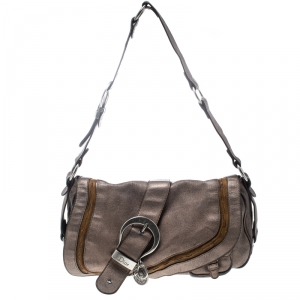 Pre Owned Dior Metallic Khaki Leather Gaucho Saddle Bag