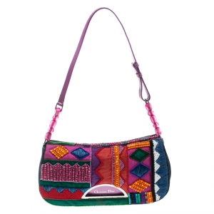 مملوكة مسبقًا حقيبة كتف ديور إصدار محدود 167/200 دنيم وخرزات مطرزة متعددة الألوان