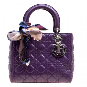 Pre Owned Dior Purple Leather Medium Lady Dior Top Handle Shoulder Bag