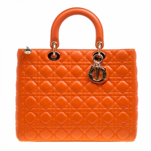 Pre Owned Dior Orange Leather Large Lady Dior Top Handle Bag