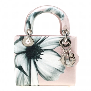 Pre Owned Dior Pink Flower Print Leather Mini Lady Dior Tote