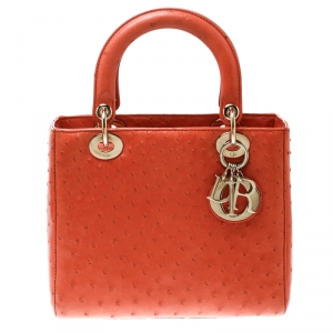 Pre Owned Dior Orange Ostrich Medium Lady Dior Top Handle Bag
