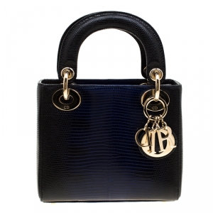 Pre Owned Dior Black/Blue Lizard Skin Leather Mini Lady Dior Top Handle Bag