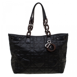 Pre Owned Dior Black Coated Nylon Large Panarea Wooden Chain Shopper Tote