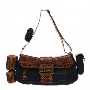 Pre Owned Dior Blue/Brown Denim and Crocodile Street Chic Columbus Avenue Multipocket Shoulder Bag