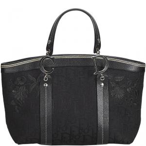 Pre Owned Christian Dior Black Embroidered Oblique Canvas Leather Everyday Bag