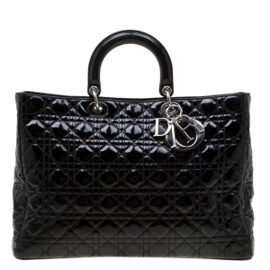 Pre Owned Dior Black Patent Leather Extra Large Lady Dior Tote