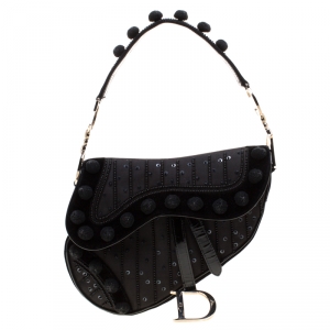 Pre Owned Dior Black Velvet/Nylon and Leather Pom Pom Embellished Saddle Bag