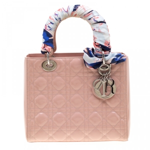 Pre Owned Dior Blush Pink Cannage Patent Leather Medium Lady Dior Top Handle Bag