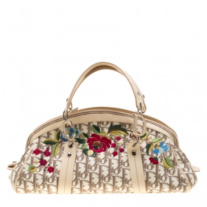 مملوكة مسبقًا Dior Beige Diorissimo Canvas Flowers Embroidered Frame Satchel