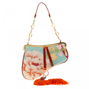 Pre Owned Dior Multicolor Floral Satin Limited Edition 0132 Fringe Saddle Bag