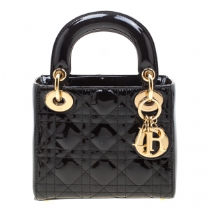 Pre Owned Dior Black Patent Leather Mini Lady Dior Top Handle Bag
