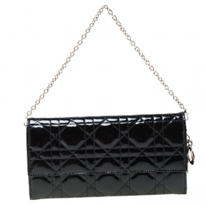 Pre Owned Dior Black Cannage Patent Leather Wallet on Chain