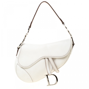 Pre Owned Dior White Leather Saddle Bag
