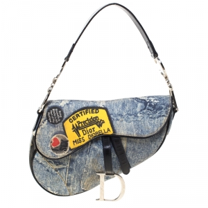 Pre Owned Dior Faded Blue Printed Denim Miss Diorella Saddle Bag