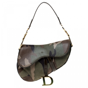 Pre Owned Dior Green Camouflage Print Leather Saddle Bag