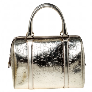 Christian Dior Gold Oblique Monogram Patent Leather Boston Bag