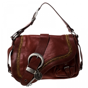 Pre Owned Dior Maroon Leather Double Saddle Shoulder Bag