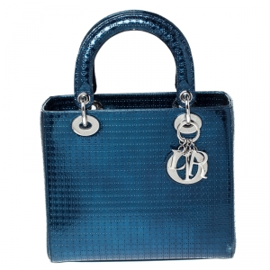 مملوكة مسبقًا Dior Metallic Blue Micro Cannage Patent Leather Lady Dior Tote 